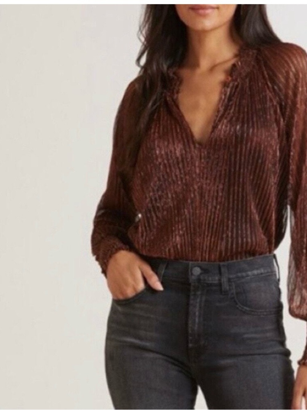 NEW! Roan + Ryan Aly Sheer Shine Bronze Evereve Top V-Neck Blouse M
